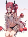  1girl apple arknights bikini character_name commentary_request feet_out_of_frame food fruit grey_background hair_ornament highres holding holding_food holding_fruit horns navel official_alternate_costume purple_eyes red_hair side-tie_bikini_bottom side_ponytail sitting solo star_(symbol) star_hair_ornament stomach surtr_(arknights) surtr_(colorful_wonderland)_(arknights) swimsuit tanagawa_makoto thigh_strap thighs 