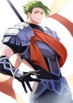  1boy absurdres achilles_(fate) armor black_shirt fate/apocrypha fate_(series) gauntlets green_hair grin haruakira highres holding holding_polearm holding_weapon looking_at_viewer male_focus mature_male orange_eyes polearm red_sash ribbed_shirt sash shirt short_hair simple_background smile solo undercut weapon white_background 