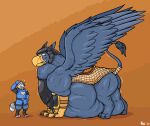  after_vore anthro armor avian beak blue_body blue_feathers blue_fur canid canine canis duo feathers feral fur gryphon headgear helmet hi_res jagg_(thatgryphonguy) looking_at_belly male mammal mythological_avian mythology overweight overweight_feral overweight_male ramz_(thatgryphonguy) saddle simple_background size_difference smile tail tail_wraps thatgryphonguy thick_thighs vore weight_gain wings wolf wraps 