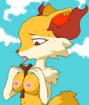 &lt;3 &lt;3_eyes 2023 absurd_res anthro aroused between_breasts bodily_fluids braixen breast_grab breast_squish breasts canid canine chest_tuft cloud cloudscape cute_fangs digital_media_(artwork) eyebrows eyelashes fangs female fox fur generation_6_pokemon gesture hand_on_breast hi_res inner_ear_fluff looking_at_object mammal medium_breasts nintendo nipples nude open_mouth pokemon pokemon_(species) red_body red_eyes red_fur red_nose saliva saliva_on_tongue side_view simple_background sky solo solo_focus squish stick suggestive suggestive_gesture suggestive_pose sweat sweatdrop sweaty_breasts tail tail_tuft teeth tongue tongue_out tuft tufted_ears white_body white_fur yeedrah yellow_body yellow_fur 