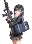  1girl airpods assault_rifle bag bag_charm bandaid bandaid_on_hand black_hair black_jacket blazer blue_eyes cardigan charm_(object) ear_piercing earrings eotech fingernails flower_earrings grey_skirt grin gun highres holding holding_gun holding_weapon jacket jewelry kws lipstick load_bearing_vest long_hair looking_at_viewer makeup miniskirt mole mole_under_eye multiple_moles nail_polish original piercing pink_cardigan plaid pleated_skirt purple_nails red_lips rifle school_bag school_uniform signature simple_background single_earring skirt smile solo suppressor swept_bangs trigger_discipline v_over_mouth walkie-talkie weapon weapon_request white_background wireless_earphones 