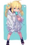  1girl ahoge artoria_caster_(fate) artoria_caster_(swimsuit)_(fate) artoria_pendragon_(fate) blonde_hair blush breasts eating echo_(circa) fate/grand_order fate_(series) food full_body green_eyes hair_rings jacket long_hair long_sleeves looking_at_viewer popsicle sandals small_breasts solo translation_request twintails white_jacket 