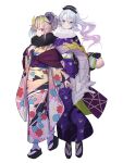  2girls artist_request bag black_gloves black_headwear blonde_hair dragon_girl dragon_horns dragon_tail flower full_body fur-trimmed_kimono fur_trim gloves gradient_kimono grey_hair hair_between_eyes hair_flower hair_ornament highres holding holding_bag horns japanese_clothes kimono long_hair multicolored_clothes multicolored_kimono multiple_girls obi official_art okobo paw_print phase_connect pink_eyes pink_kimono purple_flower purple_kimono purple_sash sandals sash second-party_source shisui_michiru_(phase_connect) socks star-shaped_pupils star_(symbol) symbol-shaped_pupils tail utatane_nasa white_socks yellow_kimono 