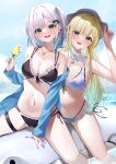  2girls :d absurdres aizawa_ema bare_arms between_legs bikini black_bikini black_ribbon blonde_hair blue_hair blue_jacket blue_nails blush breasts cleavage cross_hair_ornament day food frilled_bikini frills gradient_hair green_eyes groin hair_intakes hair_ornament hair_ribbon hand_between_legs head_tilt highres holding holding_food horo_27 inflatable_toy jacket kaga_sumire long_hair long_sleeves looking_at_viewer medium_breasts mole mole_under_eye multi-strapped_bikini_bottom multicolored_hair multiple_girls nail_polish navel open_clothes open_jacket open_mouth outdoors popsicle purple_ribbon ribbon side-tie_bikini_bottom sideboob smile summer swimsuit thigh_strap very_long_hair virtual_youtuber vspo! white_bikini white_hair white_headwear 