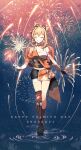  1girl absurdres arm_tattoo bandaged_arm bandaged_leg bandages birthday blush bracelet breasts character_name chest_sarashi choker closed_eyes dated facing_viewer fireworks full_body genshin_impact grin hadanugi_dousa highres holding holding_fireworks japanese_clothes jewelry kimono large_breasts orange_hair orange_kimono red_choker ripples sarashi smile solo sparkler tamaya_yoi tattoo yoimiya_(genshin_impact) 