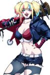  1girl absurdres belt blonde_hair blue_eyes blue_nails bracelet breasts cleavage club_(weapon) collarbone cowboy_shot dc_comics fingerless_gloves gloves hand_on_own_hip harley_quinn highres holding holding_weapon jacket jerukperaz jewelry looking_at_viewer midriff multicolored_clothes multicolored_hair navel open_clothes open_jacket open_mouth red_lips red_nails short_shorts short_twintails shorts solo spiked_bracelet spiked_club spikes suicide_squad suicide_squad_isekai thighhighs tongue tongue_out torn_clothes torn_thighhighs twintails weapon 