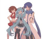  1boy 2girls aqua_hair belt black_pants black_skirt black_sleeves black_thighhighs blue_hair blue_scarf breasts brown_hair cleavage closed_eyes coat collarbone crop_top detached_sleeves facing_another facing_viewer feet_out_of_frame futaba969649 grey_shirt hair_between_eyes hair_ornament hand_on_another&#039;s_head hand_on_own_hip hand_up hands_up hatsune_miku headpat headset highres holding holding_hair holding_own_hair kaito_(vocaloid) long_hair medium_breasts meiko_(vocaloid) miniskirt multiple_girls open_mouth pants pleated_skirt profile red_skirt scarf shirt short_hair simple_background skirt sleeveless sleeveless_shirt smile standing thighhighs twintails v-shaped_eyebrows very_long_hair vocaloid white_background white_belt white_coat 