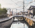  blue_sky bridge building car day highres house motor_vehicle no_humans original painting_(medium) power_lines reflection reflective_water river riverbank road scenery sky toirom_pmxh town traditional_media tree utility_pole water 