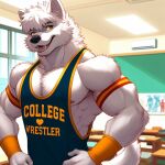  anthro canid canine canis clothing college hds4216 male male_focus mammal muscular school shirt solo tank_top topwear wolf wrestler 