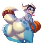  2022 accessory anthro belt big_butt blue_body blue_scales bottom_heavy breasts butt eyelashes female furgonomics hi_res horn huge_butt kobold misentes purple_eyes rear_view scales scalie solo tail tail_accessory tail_belt tezla_(doggod.va) thick_tail thick_thighs tongue tongue_out 