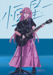  1girl black_dress blue_eyes bocchi_the_rock! boots dress gotou_hitori gradient_background guitar hair_ornament highres holding holding_instrument instrument long_hair looking_at_viewer microphone_stand music open_mouth pink_dress pink_hair roah_(user_pgea4834) singing solo 