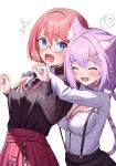  2girls absurdres animal_ear_fluff animal_ears black_shirt blue_eyes blush breasts cat_ears cat_girl cat_tail cleavage closed_eyes commentary double-parted_bangs fang heart highres hololive hug hug_from_behind kumoru_(kumoru_145) long_sleeves looking_at_another multiple_girls nekomata_okayu nekomata_okayu_(6th_costume) official_alternate_costume official_alternate_hairstyle open_mouth pink_hair red_skirt shirt simple_background skin_fang skirt spoken_heart suspenders tail takane_lui takane_lui_(3rd_costume) wavy_mouth white_background white_shirt 
