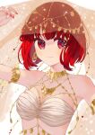  1girl arima_kana bare_shoulders bob_cut closed_mouth earrings highres inverted_bob jewelry looking_to_the_side oshi_no_ko red_eyes red_hair see-through_shawl shawl shirt short_hair simple_background smile solo upper_body white_background white_shirt xiang_yu_pai 