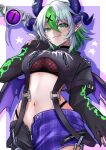  1girl :q black_choker black_hoodie black_shorts breasts bsapricot_(vtuber) bsapricot_(vtuber)_(8th_costume) chanax29 choker cropped_hoodie cropped_shirt fingernails fishnet_top fishnets green_hair grey_hair hair_ornament highleg highleg_panties highres hood hoodie horns long_sleeves medium_hair multicolored_hair navel open_fly panties plaid plaid_shorts pointy_ears purple_nails purple_shorts see-through shadow sharp_fingernails shorts spikes star_(symbol) streaked_hair tongue tongue_out two-tone_shorts underwear vshojo x_hair_ornament zipper zipper_pull_tab 