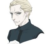  1boy blonde_hair blue_eyes fate/zero fate_(series) forehead furrowed_brow hair_slicked_back high_collar highres kayneth_el-melloi_archibald male_focus npn pale_skin portrait short_hair smirk smug solo 