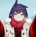  1girl alternate_costume blue_eyes blunt_bangs center-flap_bangs coat english_commentary fur-trimmed_coat fur_trim gloves gradient_hair grin highres hololive hololive_english ku_roiko light_blush long_hair looking_at_viewer mole mole_under_eye multicolored_hair ninomae_ina&#039;nis open_clothes open_coat orange_hair outdoors pointy_ears purple_eyes purple_hair red_gloves red_scarf scarf sidelocks smile snowflakes snowing solo tentacle_hair virtual_youtuber white_coat winter_clothes 
