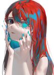  1girl aqua_eyes aqua_nails closed_mouth commentary_request cracked_skin crying crying_with_eyes_open empty_eyes hands_on_own_face highres long_hair looking_at_viewer mismatched_pupils nail_polish original red_hair simple_background solo tears upper_body white_background zumi_(neronero126) 