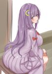 1girl absurdres ass blush bow breasts crescent crescent_hair_ornament dress from_above from_behind full_body hair_bow hair_ornament hand_on_own_knee highres indoors kuraki large_breasts leaning_forward long_hair long_sleeves looking_at_viewer patchouli_knowledge pleated_dress purple_dress purple_eyes purple_hair red_bow sitting solo touhou wide_sleeves 