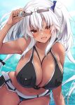  1girl absurdres beach bikini black_bikini black_nails blush breasts cleavage commentary_request cowboy_shot dark-skinned_female dark_skin dated day eyewear_on_head glasses gradient_nails hair_between_eyes highres kantai_collection large_breasts long_hair looking_at_viewer mashiro_yukiya musashi_(kancolle) musashi_kai_ni_(kancolle) ocean official_alternate_costume open_mouth partial_commentary pointy_hair rectangular_eyewear red_eyes semi-rimless_eyewear signature smile solo swimsuit twintails water white_hair 