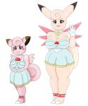  anthro big_breasts blue_eyes blush breasts clefable clefairy clothed clothing collar dress duo female generation_1_pokemon gloves hair handwear hi_res legwear nintendo pink_body pink_hair pokeball pokemon pokemon_(species) simple_background tail urusee584 white_background 