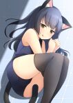  1girl :q animal_ear_fluff animal_ears ass bare_arms bare_shoulders black_hair black_thighhighs blue_one-piece_swimsuit blush brown_eyes cat_ears cat_girl cat_tail closed_mouth commentary_request feet_out_of_frame hands_up highres long_hair looking_at_viewer lying old_school_swimsuit on_floor on_side one-piece_swimsuit original school_swimsuit shibacha smile solo swimsuit tail thighhighs tile_floor tiles tongue tongue_out 