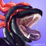 anthro bodily_fluids devourer_(razor_koopa) digital_media_(artwork) dragon fangs forked_tongue glistening glistening_body goo_creature goo_dragon goo_dripping hajnalski hi_res horn imminent_vore looking_at_viewer male mouth_shot muscular muscular_anthro muscular_male open_mouth oral_vore purple_body red_eyes saliva saliva_on_tongue saliva_string simple_background slime solo teeth throat tongue tongue_out vein vore 