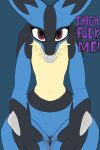  absurd_res anthro blue_body blue_fur canid canine chest_tuft curvy_figure digital_media_(artwork) fur generation_4_pokemon hi_res looking_at_viewer lucario mammal nintendo pokemon pokemon_(species) simple_background smile solo swoomy thick_thighs tuft wide_hips 