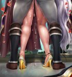  1boy 1girl absurdres against_railing anklet boots clothed_sex clothes_lift clothes_on_floor cum cum_on_legs dress dress_lift fire_emblem fire_emblem:_genealogy_of_the_holy_war from_behind heart hetero high_heels highres implied_sex ishtar_(fire_emblem) jewelry legs loptoart lower_body pants public_indecency puddle pussy_juice pussy_juice_puddle pussy_juice_stain railing reinhardt_(fire_emblem) sex side_ponytail standing standing_sex sweat tight_clothes tight_pants tiptoes trembling view_between_legs white_hair 