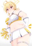  1girl ? ahoge armlet belly_grab blonde_hair blue_archive blush braid breasts closed_mouth commentary_request cowboy_shot dot_nose gloves hair_between_eyes halo highres holding kotori_(blue_archive) kotori_(cheer_squad)_(blue_archive) large_breasts midriff millennium_cheerleader_outfit_(blue_archive) miniskirt muffin_top navel notice_lines pleated_skirt plump pom_pom_(cheerleading) red_eyes short_twintails simple_background skirt solo sweatdrop thick_arms thick_thighs thighlet thighs triangle_halo twintails white_background white_gloves white_skirt wing_collar yellow_halo yutagami 