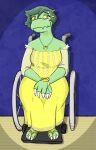  accessory alligator alligatorid anthro blush clothed clothing crocodilian dress female footwear green_body green_hair hair hair_accessory hi_res i_wani_hug_that_gator jewelry looking_at_viewer necklace olivia_(iwhtg) reptile sandals scalie sitting solo unknown_artist wheelchair yellow_sclera 