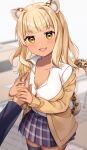  1girl :3 animal_ears blonde_hair blurry blurry_background blush breasts button_gap cardigan cleavage collarbone collared_shirt fang gyaru hair_intakes hand_on_another&#039;s_chest highres kawagami_raito kogal leopard_ears leopard_girl leopard_tail long_hair long_sleeves looking_at_another off_shoulder open_cardigan open_clothes open_mouth original plaid plaid_skirt pleated_skirt shirt skirt smile solo tail tan thighhighs yellow_eyes zettai_ryouiki 