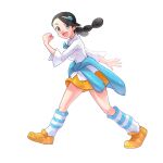  1girl :d bangs black_hair candice_(pokemon) clenched_hands clothes_around_waist collared_shirt commentary eyelashes ffccll full_body grey_eyes hair_ornament hairclip hand_up happy highres kneehighs knees legs_apart long_hair multi-tied_hair neck_ribbon open_mouth pokemon pokemon_(game) pokemon_dppt ribbon shirt shoes simple_background skirt smile socks solo standing striped striped_socks sweater sweater_around_waist symbol-only_commentary tongue twintails white_background white_shirt yellow_footwear 