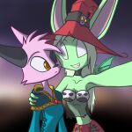  2023 anise_(dreamkeepers) anthro bat_wings breasts cleavage clothed clothing dikiyzver dreamkeepers duo female fishnet fishnet_clothing fishnet_topwear fur gradient_background green_body hat headgear headwear hi_res lagomorph leporid long_ears mammal membrane_(anatomy) membranous_wings midriff one_eye_closed pink_body pink_fur pink_nose rabbit selfie simple_background topwear viriathus_vayu wings witch_hat 