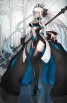  1girl black_bow black_dress blue_eyes bow braid breasts closed_mouth clothing_cutout commentary crown dress english_commentary fate/grand_order fate_(series) french_braid grey_hair hair_bow high_heels holding holding_staff holding_weapon long_hair looking_at_viewer medium_breasts mins_(minevi) morgan_le_fay_(fate) navel pelvic_curtain ponytail solo spikes staff stomach stomach_cutout two-tone_dress very_long_hair weapon white_dress 