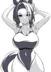  1girl animal_ears armpits ass_visible_through_thighs braid braided_bun breasts cleavage collarbone competition_swimsuit covered_navel cowboy_shot greyscale hair_bun highleg highleg_swimsuit horse_ears horse_girl horse_tail large_breasts long_hair mejiro_ramonu_(umamusume) monochrome one-piece_swimsuit pataneet ponytail single_hair_bun solo swimsuit tail umamusume 