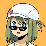  1girl :d @_@ bangs blue_eyes cabbie_hat collarbone deal_with_it_(meme) eyes_visible_through_hair green_hair hair_between_eyes hat meme muu_(mumumer) orange_background original ponytail portrait simple_background smile solo white_headwear yunomiya_agari 