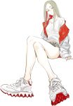  1girl absurdres bare_legs crossed_legs highres ikuhana_niiro jacket long_hair off_shoulder original shoes shorts sketch sleeves_past_wrists sneakers solo straight_hair thighs white_background yellow_eyes 