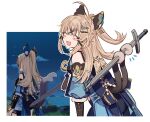  1girl :3 ahoge animal_ears blush_stickers cat_ears cat_tail closed_eyes genshin_impact highres kirara_(genshin_impact) long_hair multiple_tails open_mouth ponytail prehensile_tail solo stars4993 sword tail two_tails weapon 