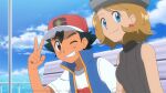  1boy 1girl ash_ketchum black_hair blonde_hair blue_eyes blue_vest brown_eyes closed_mouth cloud commission day earrings eyelashes grey_headwear grin hand_up hat jewelry mixed-language_commentary noelia_ponce outdoors pokemon pokemon_(anime) pokemon_journeys red_headwear serena_(pokemon) shirt short_hair short_sleeves sky smile sweater_vest t-shirt teeth v vest white_shirt 