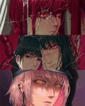  3girls absurdres black_hair blood blood_on_face broken broken_glass chainsaw_man ear_piercing fami_(chainsaw_man) fourth_wall glass hat highres long_hair looking_at_viewer makima_(chainsaw_man) mitaka_asa mole multiple_girls nthndn panels piercing pink_hair red_hair ringed_eyes scar scar_on_face short_hair yoru_(chainsaw_man) 