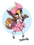  absurd_res accessory aggressive_retsuko ailurid anthro bow_ribbon clothing dress female gesture hair_accessory hair_bow hair_ribbon hi_res looking_at_viewer mammal microphone pointing pointing_at_viewer red_panda retsuko ribbons sanrio solo thedemonfoxy tongue tongue_out 