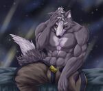  2020 abs anthro biceps bottomwear canid canine canis chibikoma clothed clothing countershade_fur countershading digital_drawing_(artwork) digital_media_(artwork) eye_scar facial_scar fur grey_body grey_fur hand_on_head hand_on_own_head male mammal muscular muscular_anthro muscular_male nintendo pants pecs red_eyes scar sitting solo space star_fox topless topless_anthro topless_male wolf wolf_o&#039;donnell 