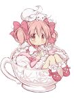  1girl absurdres bow closed_mouth coffee_cup commentary cup disposable_cup dress full_body hair_bow highres hitode in_container in_cup kaname_madoka kyubey looking_at_viewer magical_girl mahou_shoujo_madoka_magica pink_bow pink_dress pink_eyes pink_footwear pink_hair short_hair short_sleeves short_twintails simple_background socks twintails white_background white_socks 