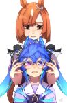  2girls @_@ bespectacled blue_eyes blue_hair brown_hair commentary_request eyewear_removed glasses gradient_hair height_difference heterochromia highres ikuno_dictus_(umamusume) looking_at_viewer multicolored_hair multiple_girls parted_lips pink_eyes puffy_short_sleeves puffy_sleeves round_eyewear school_uniform sharp_teeth short_sleeves simple_background streaked_hair teeth thin_(suzuneya) tracen_school_uniform twin_turbo_(umamusume) twintails umamusume white_background white_hair 