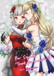  2girls alternate_costume armlet bare_shoulders black_gloves black_ribbon blonde_hair blue_flower blue_rose blurry blurry_background bodystocking braid breasts choker cleavage crown_braid cup dress drinking_glass earrings elbow_gloves english_commentary english_text fire_emblem fire_emblem_heroes flower flying_sweatdrops formal gasp gloves gold_choker grey_hair hair_flower hair_ornament highres jewelry lipstick lipstick_mark long_hair looking_at_viewer makeup multiple_girls pink_lips red_choker red_dress red_eyes red_lips ribbon rose sharena_(fire_emblem) short_hair short_hair_with_long_locks signature small_breasts snow20200 veronica_(fire_emblem) white_dress white_gloves wine_glass yellow_eyes 