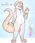  2023 8_nipples american_opossum anthro bar_emanata belly_nipples big_tail blush blush_lines character_name cheek_tuft chest_tuft choker claws color_swatch crotch_tuft dipstick_ears emanata eyebrows eyewear facial_tuft featureless_crotch finger_claws fur glasses grey_body grey_fur hair hi_res jewelry male mammal marsupial model_sheet multi_nipple multicolored_ears navel neck_tuft necklace nic_(nicopossum) nicopossum nipples nonbinary_(lore) nude orange_hair pink_eyes smile solo species_name standing tail toe_claws tuft virginia_opossum 