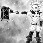  1boy akiakane_plto arm_at_side axe boots braid clip_studio_paint_(medium) full_body gill_sol greyscale highres holding holding_axe ice-head_gill male_focus monochrome outdoors smile snowing solo spiked_hair standing 