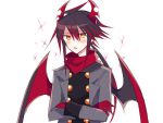  1boy black_hair black_shirt blush crossed_arms demon_boy demon_horns demon_wings gloves grey_jacket haiiro_teien hood hood_down horns ivlis jacket long_hair low_ponytail male_focus multicolored_hair open_mouth pointy_ears red_gloves red_hair red_scarf scarf shirt solo white_background wings zenryoku_eimin 
