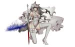  1girl animal_ears arknights bridal_veil charlie_purrito dress highres holding holding_sword holding_weapon long_hair looking_at_viewer solo sword tail texas_(arknights) texas_the_omertosa_(arknights) veil weapon wedding_dress white_background wolf_ears wolf_girl wolf_tail 