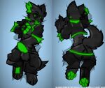  absurd_res anthro anus balls black_body black_fur black_sclera canid canine canis claws clothed clothing dakimakura_design fur genitals glowing glowing_clothing glowing_eyes glowing_genitalia glowing_paws glowing_penis green_eyes hi_res inner_ear_fluff knot looking_at_viewer lying male mammal on_back on_front partially_clothed pawpads paws penis signature smile smirk solo text tongue tuft url watermark wolf wub_(artist) zeke_(wub) 
